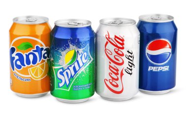 Group of various soda drinks in aluminum cans isolated on white