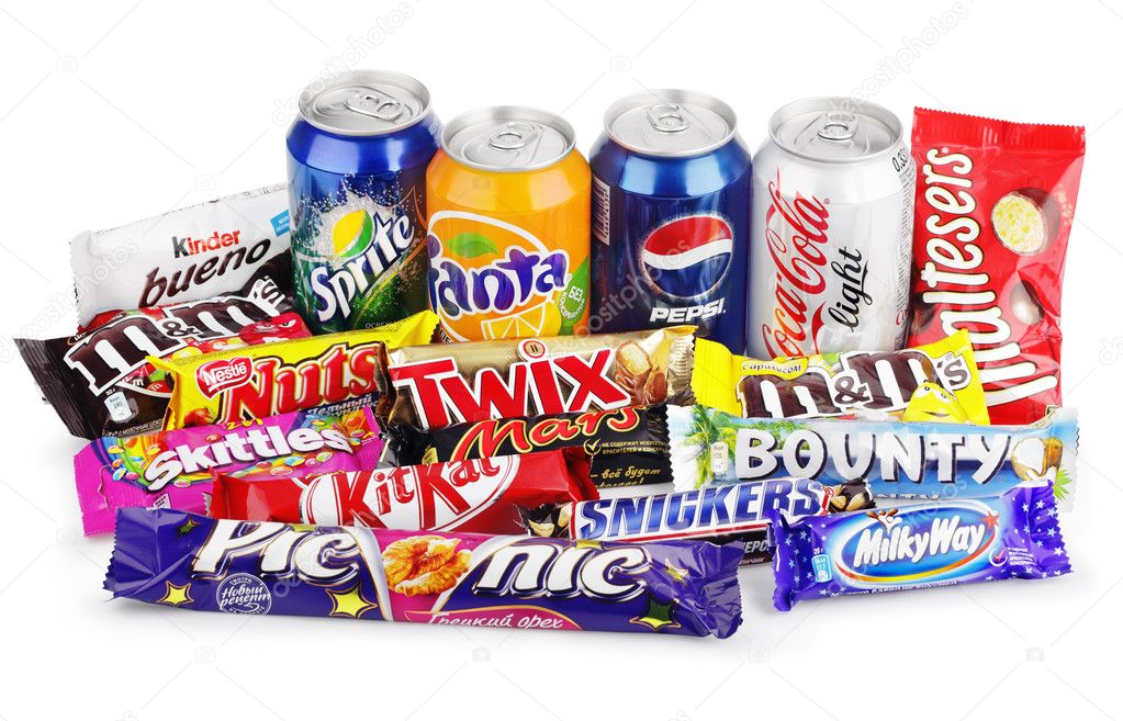 Large collection of junk food isolated on white Stock Editorial Photo