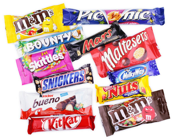 Closeup of various chocolate bars on white