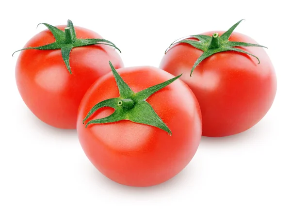 Três tomates vermelhos frescos em branco — Fotografia de Stock