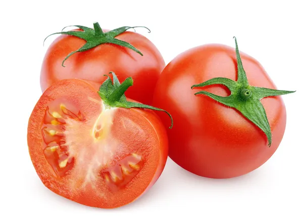 Red tomato vegetable with cut on white — Stock Photo, Image