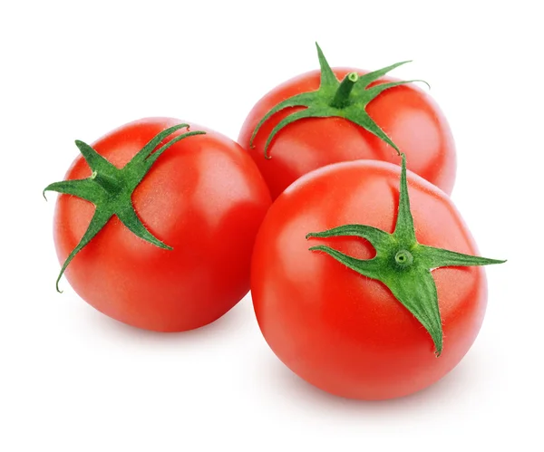 Three fresh red tomatoes on white — Stock Photo, Image