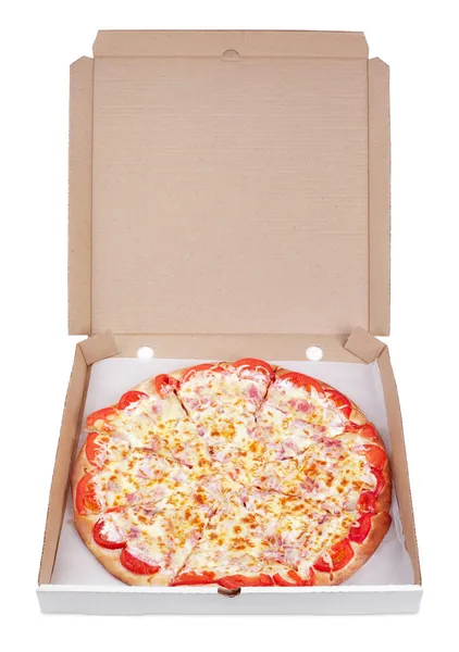 Délicieuse pizza italienne dans une boîte en carton — Photo