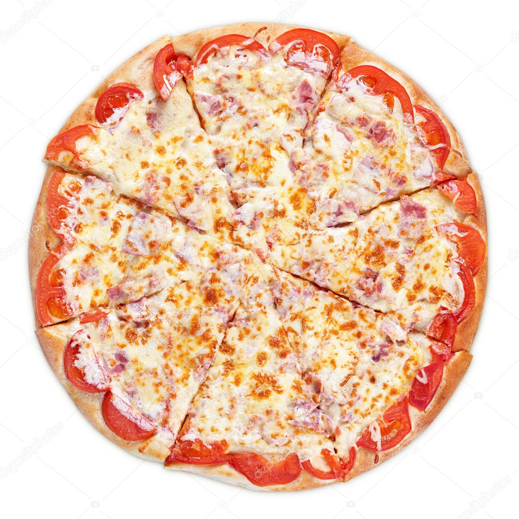 Pizza with ham, tomato and cheese