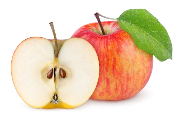 Красное желтое яблоко с половинкой листа — стоковое фото