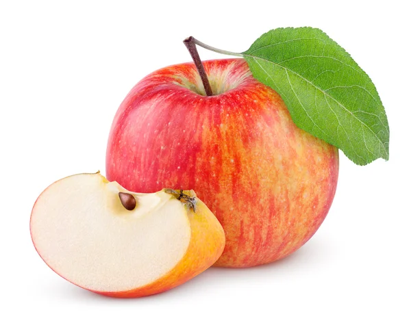 Красное желтое яблоко с листом и ломтиком — стоковое фото