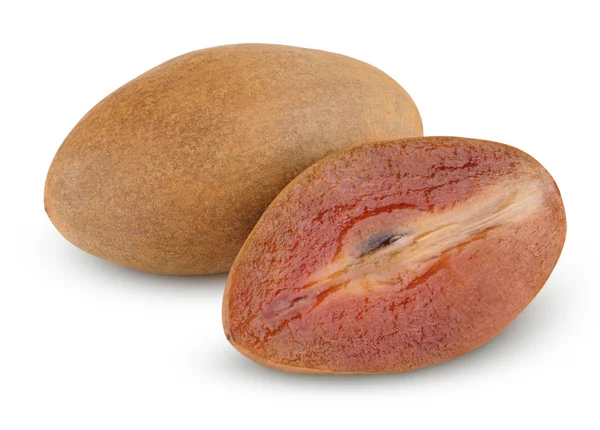 Fresh sapodilla plum with cut on white — Stock Photo, Image