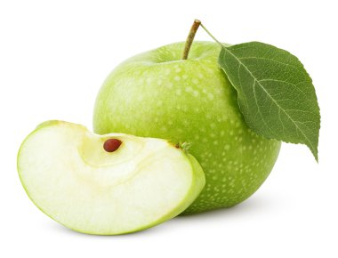 yaprak ve bir beyaz izole dilim ile yeşil elma