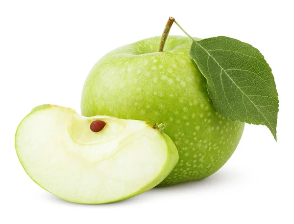 Manzana verde con hoja y rebanada aislada sobre un blanco — Foto de Stock
