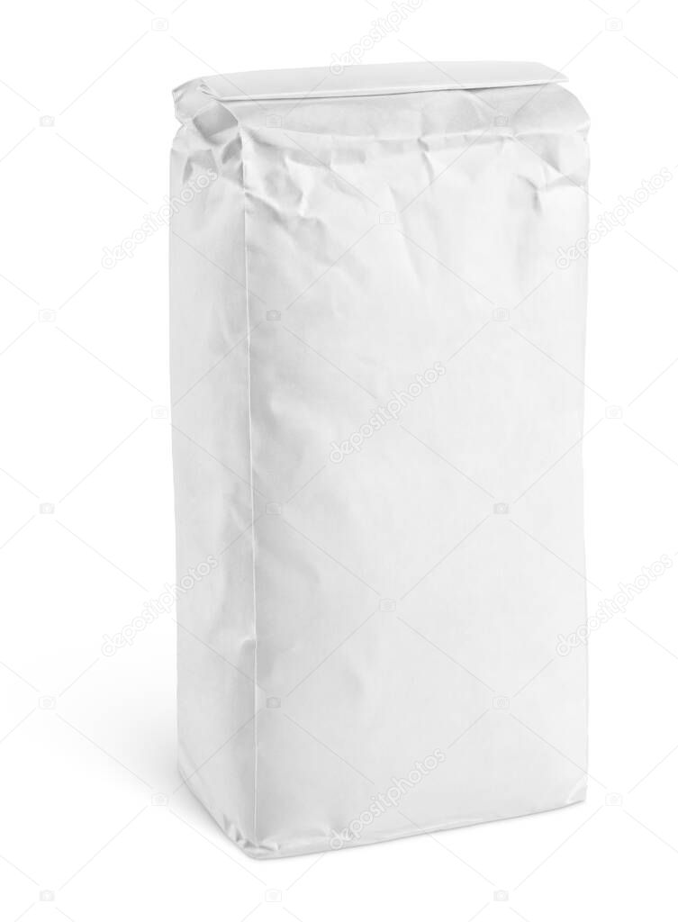 Blank white paper bag package of flour isolated on white background with clipping path
