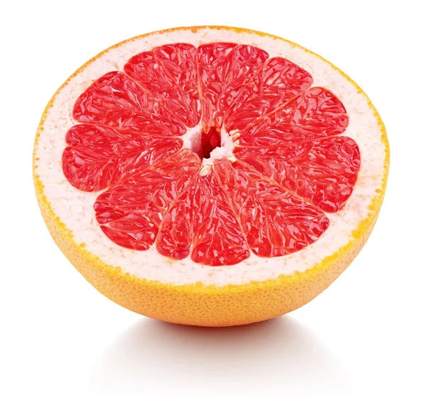 白い背景に分離された半グレープフルーツ柑橘類のフロントビュー グレープフルーツの半分をクリッピングパスで 場の深さ ロイヤリティフリーのストック写真