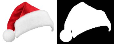 Noel Baba şapkası ya da kırmızı başlık beyaz arka planda izole edilmiş ve hızlı izolasyon için yüksek kaliteli kırpma maskesi (alfa kanalı) var. Nesne seçmek kolay.