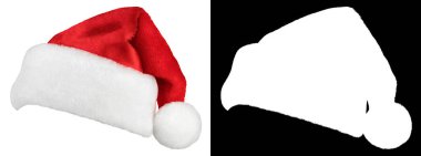 Noel Baba şapkası ya da kırmızı başlık beyaz arka planda izole edilmiş ve hızlı izolasyon için yüksek kaliteli kırpma maskesi (alfa kanalı) var. Nesne seçmek kolay.