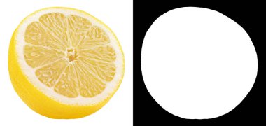 Sarı limonlu turunçgillerin yarısı, hızlı izolasyon için beyaz zemin üzerinde kırpma maskesi (alfa kanalı) ile izole edilmiştir. Nesne seçmek kolay. Tam alan derinliği.