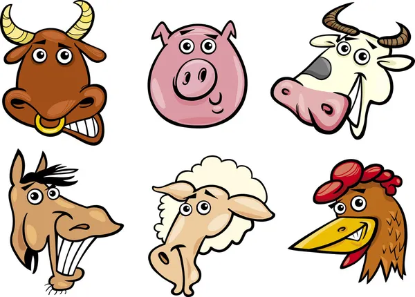 Cartoon farm animals heads set set - Stok Vektor