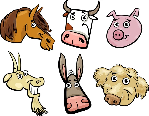 Cartoon farm animals heads set set - Stok Vektor