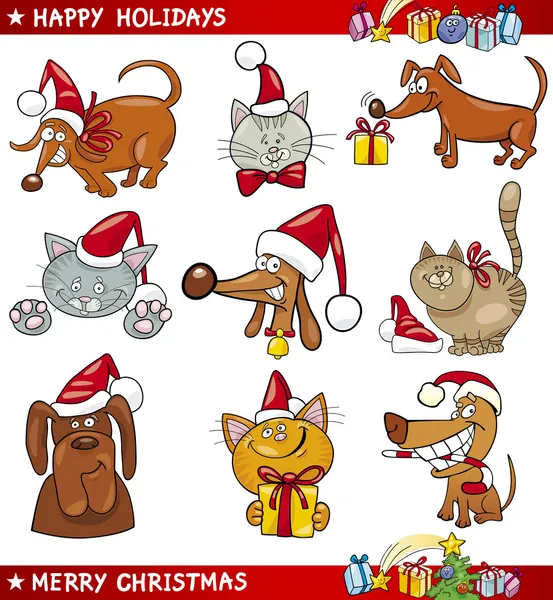 Conjunto de desenhos animados de gatos e cães de Natal — Vetor de Stock