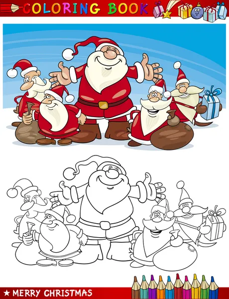 Grupo dos desenhos animados Papai Noel para colorir — Vetor de Stock
