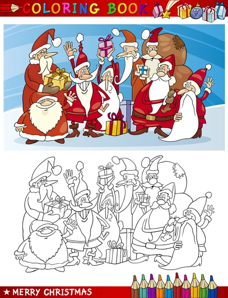 Cartoon santa claus groep om in te kleuren — Stockvector