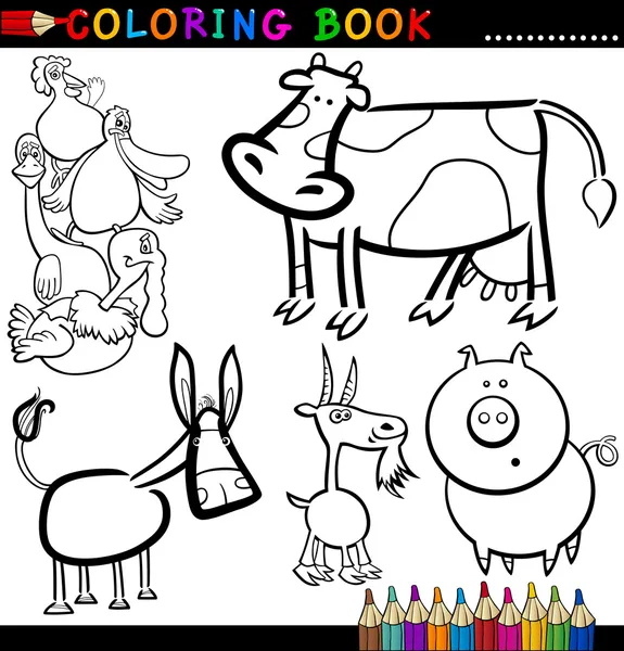 Animales de granja para colorear libro o página — Vector de stock