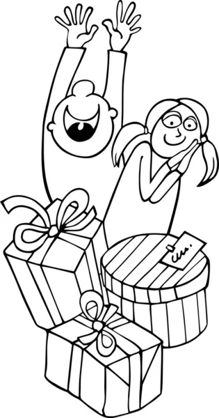 Children and presents for coloring — Stock Vector