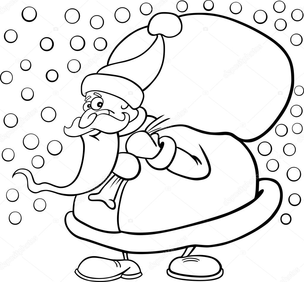 Fumetto illustrazione di Babbo Natale Babbo Natale o papa noel con sacco di regali per colorare il libro o pagina — Vettoriali di izakowski