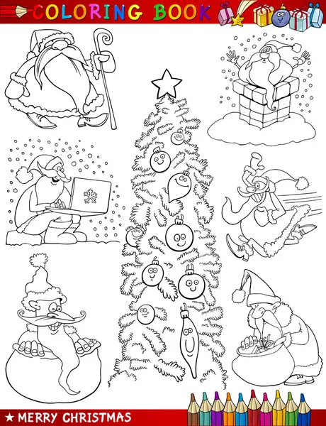 Cartoon thema's van Kerstmis om in te kleuren — Stockvector