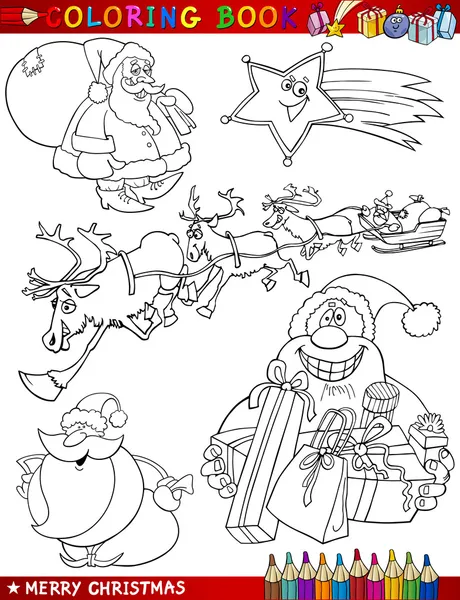 Thèmes de Noël de bande dessinée pour la coloration — Image vectorielle