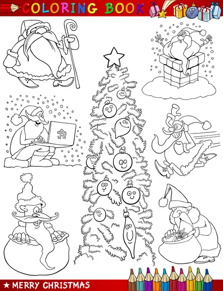 Cartoon Christmas Themes for Coloring — Stock Vector