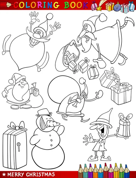 Cartoon Christmas Themes for Coloring — Stock Vector