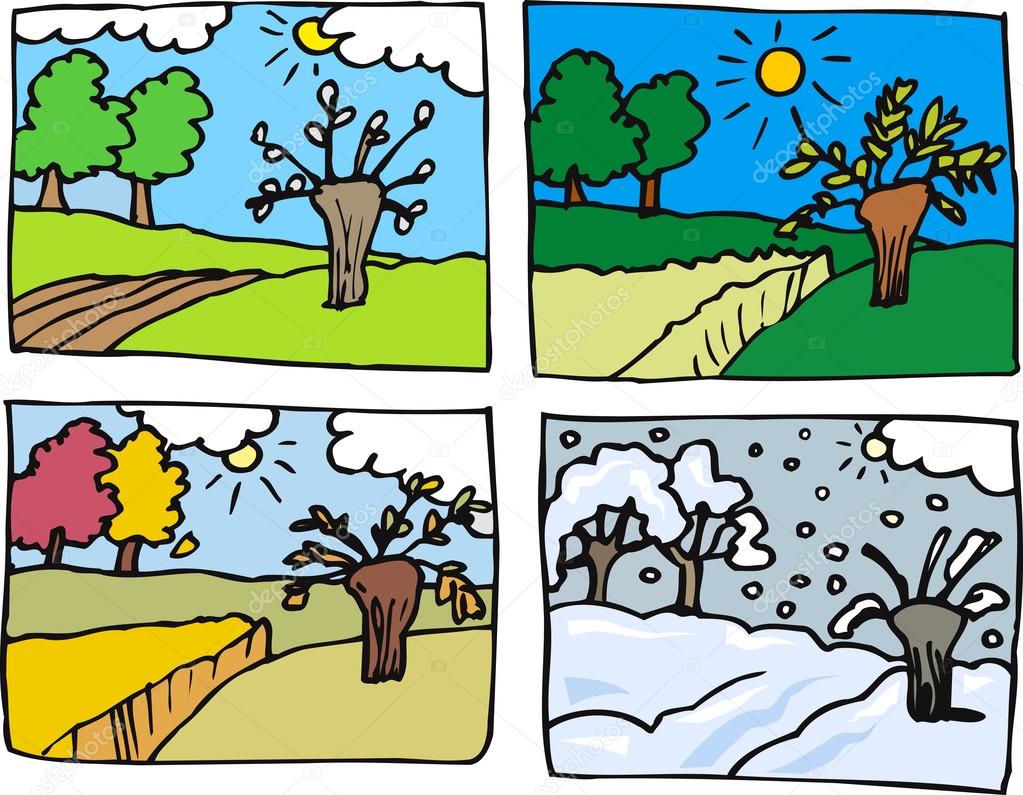 Four seasons cartoon illustration