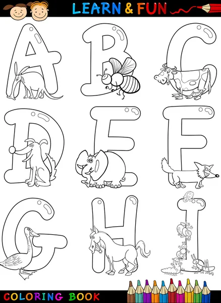 Cartoon Alphabet with Animals for coloring — Stock Vector