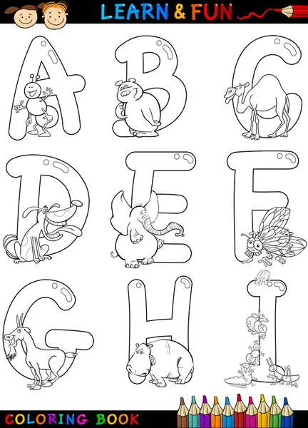 Alfabeto de dibujos animados con animales para colorear — Vector de stock
