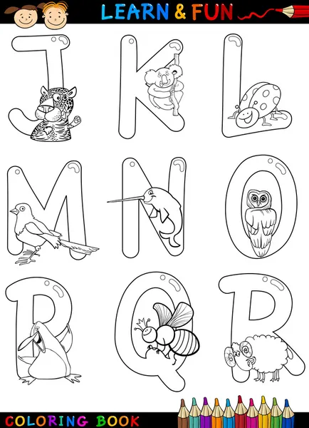 Alfabeto dos desenhos animados com animais para colorir — Vetor de Stock