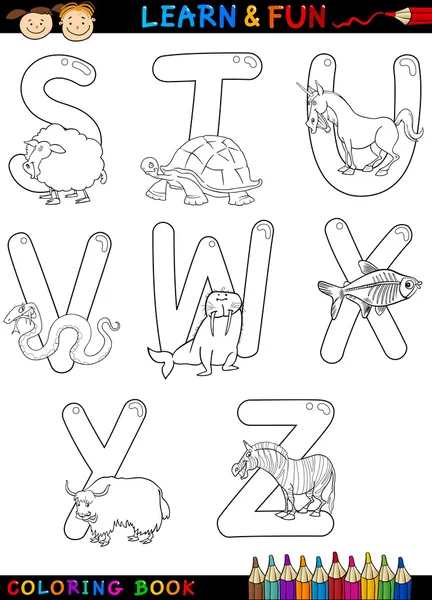 Alfabeto de dibujos animados con animales para colorear — Vector de stock