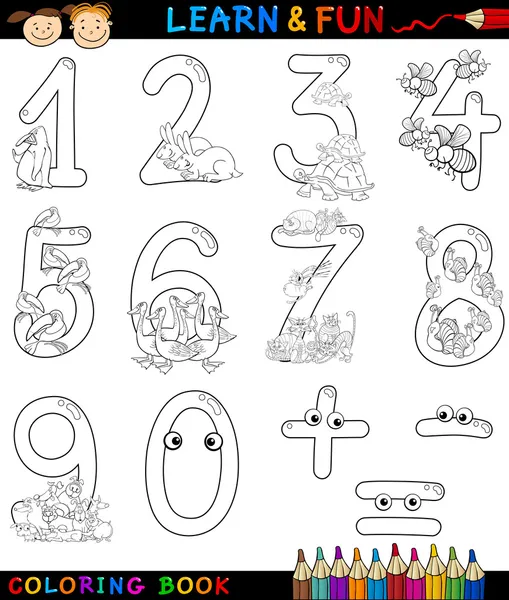 Numbers with cartoon animals for coloring — Stock Vector