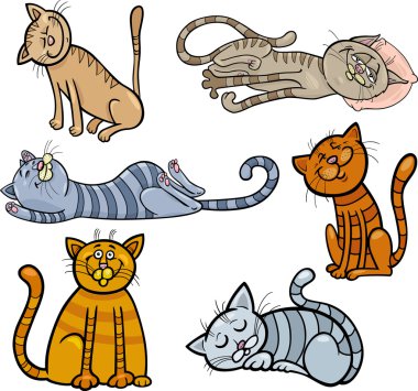 mutlu ve uykulu kedi çizgi film seti