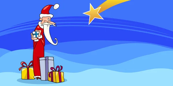 Santa Claus con tarjetas de dibujos animados regalos — Vector de stock