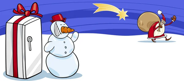 Weihnachtsmann und Schneemann Cartoon-Karte — Stockvektor
