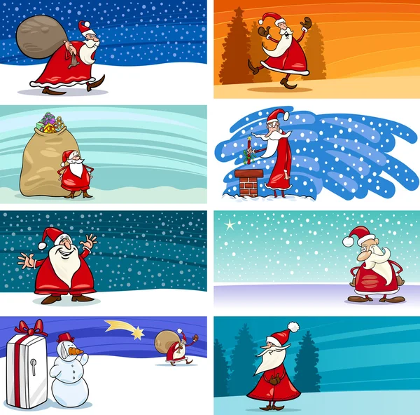 Tarjetas de felicitación de dibujos animados con Santa Claus — Vector de stock