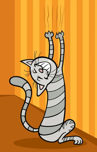 Katze kratzt Wand Cartoon Illustration — Stockvektor