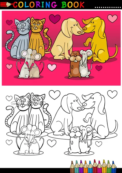 Animales en el amor de dibujos animados para colorear libro — Archivo Imágenes Vectoriales