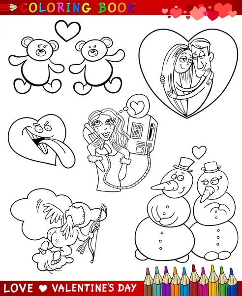 Valentine cartoon themes for coloring — Stock Vector