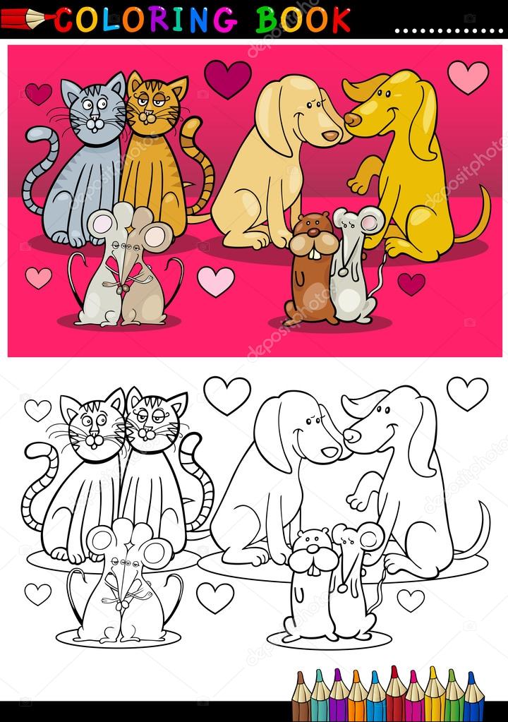 Animals in love cartoon for coloring book