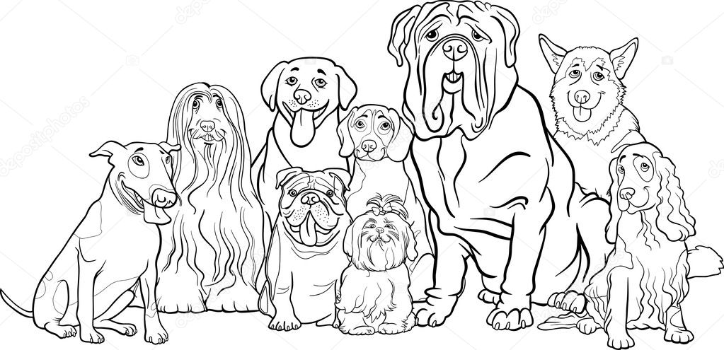 Purebred dogs group cartoon for coloring