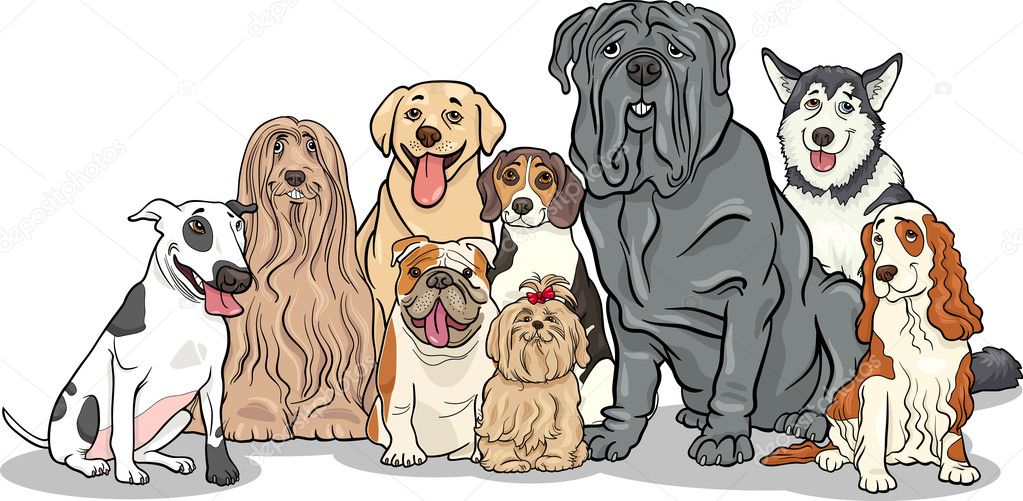 Purebred dogs group cartoon illustration