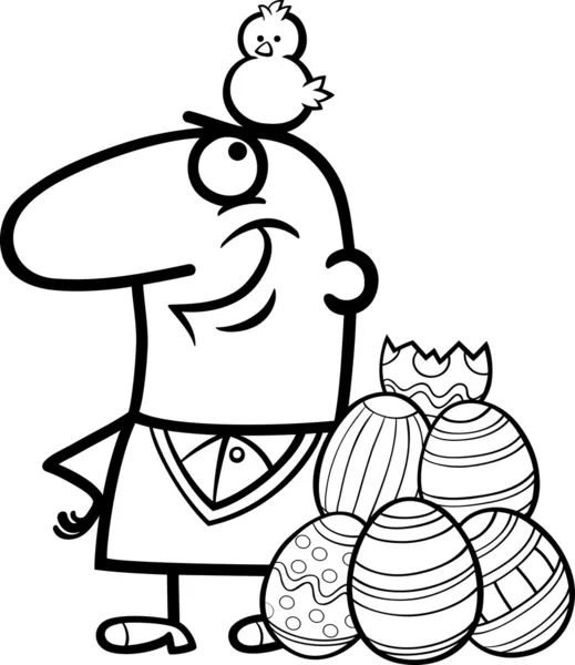Mann mit Ostereiern und Hühner-Cartoon — Stockvektor