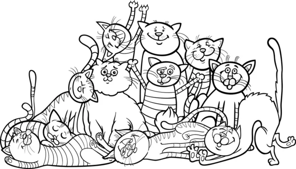 Felices gatos grupo de dibujos animados para colorear libro — Vector de stock