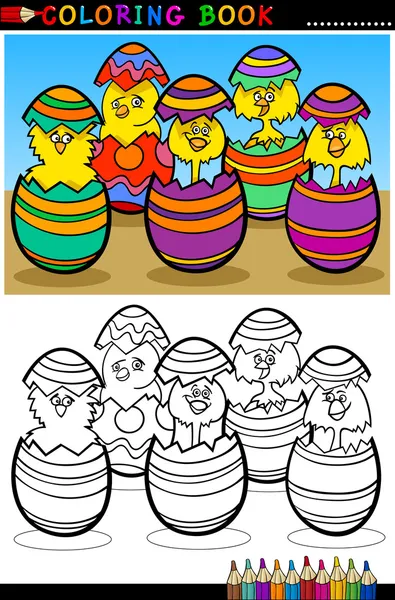Dibujos animados polluelos en huevos de Pascua para colorear página — Archivo Imágenes Vectoriales
