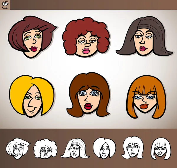 Desenhos animados mulheres cabeças conjunto ilustração —  Vetores de Stock